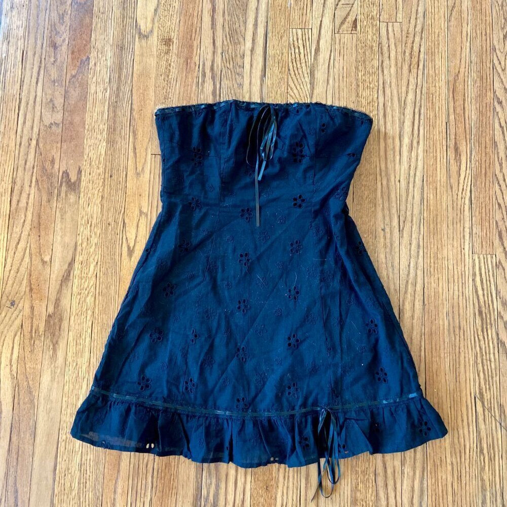 Princess Polly Black Strapless Mini Dress Eyelet Milkmaid Tie Lace 2 Floral Top